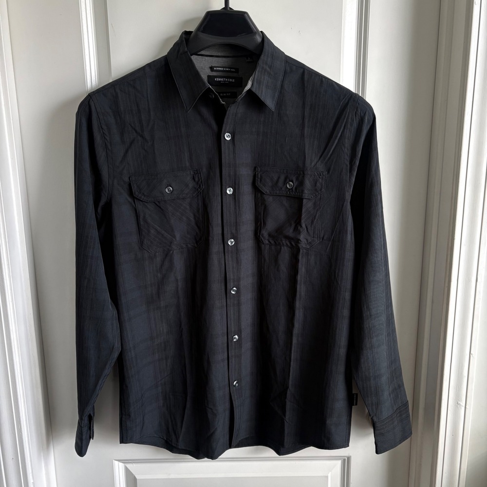 Kenneth‎ Cole New York Mens Slim Fit Button Down Shirt Grey Plaid Stretch Large